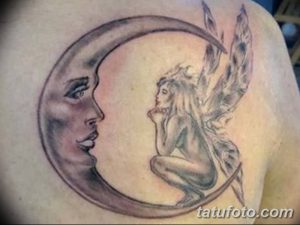 Black and grey tattoo of a crescent moon with a face and a small fairy sitting on it, creating a mystical and enchanting design.