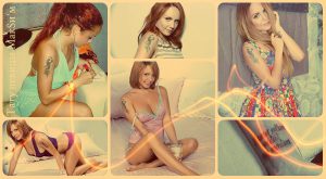 Коллаж из нескольких фотографий девушки с татуировкой на плече. Девушка предстает в разных образах и стилях одежды.