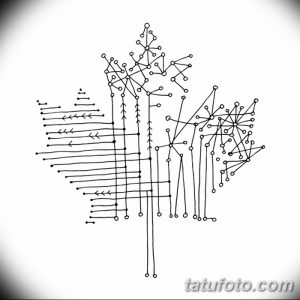 Эскиз татуировки кленового листа, выполненный в абстрактном стиле с использованием тонких линий и геометрических фигур. Минималистичный и современный дизайн.