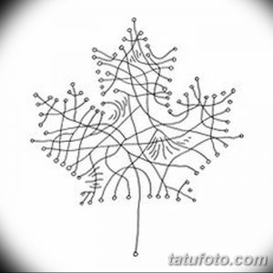 Черно-белый эскиз татуировки кленового листа в геометрическом стиле. Линии, круги, абстракция, идея для минималистичной тату.
