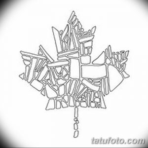 Черно-белый эскиз татуировки кленового листа, выполненный в геометрическом стиле с использованием острых углов и линий.
