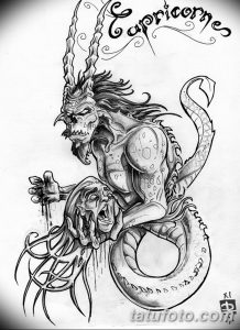 Детализированный эскиз татуировки в стиле dark art, изображающий демоническую фигуру козла, держащую в руках человеческую голову, выполненный в серой гамме с использованием штриховки.