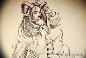 Детализированный эскиз татуировки, изображающий красивую девушку с рогами козла и окруженную силуэтами козлов, выполненный в технике лайнарт.