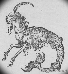 Детализированный старинный эскиз татуировки козьего морского чудовища с рыбьим хвостом и чешуей. Уникальный и мистический дизайн.