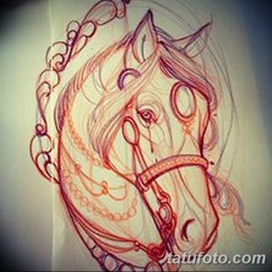 Эскиз татуировки лошади, выполненный красными линиями на белом фоне. Изображение передает энергию и грацию животного, с акцентом на детали морды.
