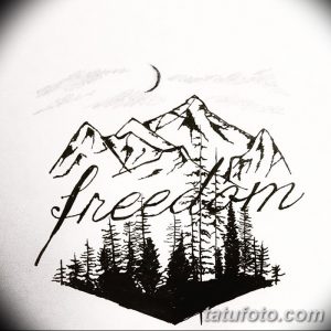 Черно-белый эскиз татуировки с изображением гор, леса и надписью 'freedom'. Идеально для любителей природы и минимализма.