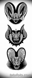 Черно-белая татуировка с тремя летучими мышами, выполненными в декоративном стиле с использованием тонких линий и узоров. Идеально подходит для любителей оригинальных и изящных тату.