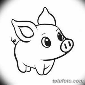 Простой контурный рисунок татуировки поросенка с большими глазами и закрученным хвостиком, идеально подходящий для начинающих.