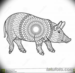Черно-белый эскиз татуировки свиньи, выполненный в стиле зентангл. Идеально подойдет для любителей сложных узоров и декоративных рисунков.