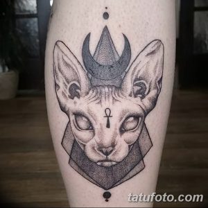 Фото тату египетской кошки с луной и символом Анкх, выполненное в технике dotwork на ноге.