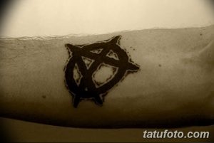 Фотография простой черной татуировки анархистского символа на руке. Татуировка выполнена тонкими линиями и выглядит минималистично.