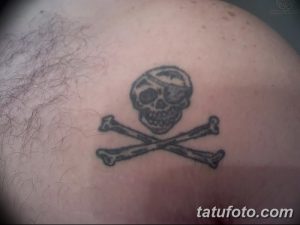 Фотография черно-серой татуировки на теле с изображением черепа и скрещенных костей – классический символ опасности и смерти.