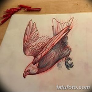 Эскиз татуировки орла, парящего в небе. Рисунок выполнен цветными карандашами, с акцентом на красные и серые оттенки.