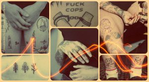 Фото коллажа с разными handpoke татуировками: руки в наручниках, маяк, парусник, деревья, звезды, животные. Минималистичный стиль, черно-белые рисунки.