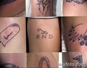 Фото коллажа из нескольких небольших татуировок на руке: облако, сердце, надпись 'The END', волна и другие. Минималистичный стиль татуировки.