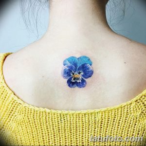 Фотография нежной татуировки цветка фиалки, выполненной в голубых и фиолетовых тонах на спине. Красивый и женственный рисунок тату.