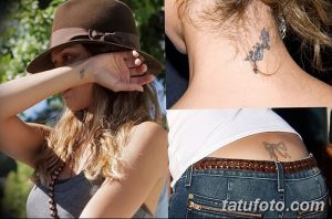 Фото тату: коллаж с миниатюрными татуировками на руке, шее и пояснице девушки, включая изображение птички, бантика и короткой надписи.