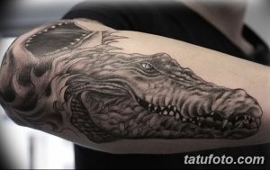 Фото реалистичной татуировки головы крокодила, выполненной на предплечье. Детализированный рисунок с проработкой текстуры кожи и зубов.
