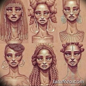 Коллекция из шести эскизов татуировок, изображающих африканских женщин с различными прическами и украшениями, выполненных в реалистичном стиле.