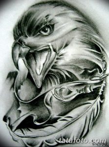 Эскиз татуировки головы орла, выполненный в технике black and grey с использованием реалистичной штриховки. Подчеркивает силу, мудрость и загадочность птицы.