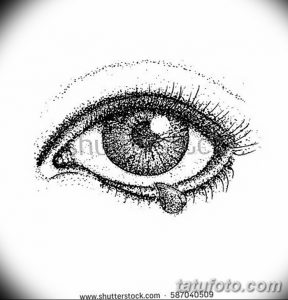 Черно-белый эскиз татуировки плачущего глаза, выполненный в технике pointillism (пуантилизм). Множество точек создают изображение, придавая ему уникальную текстуру.