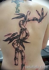 Фото оригинальной татуировки на спине, изображающей скелет, обвитый стеблями бамбука. Черно-серый рисунок создает мрачную и загадочную атмосферу.
