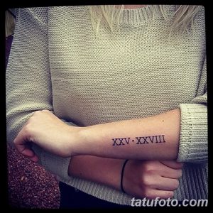 Простая татуировка на внутренней стороне предплечья с римскими цифрами XXV-XXVIII, выполненная в черном цвете.