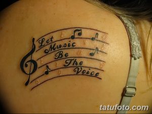 Фото татуировки на лопатке с изображением скрипичного ключа, нот и надписи 'Let Music Be The Voice'. Черно-белый рисунок татуировки.