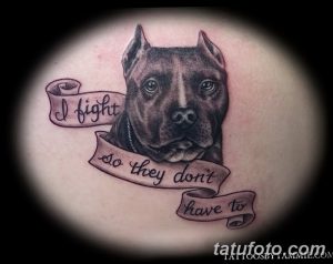 Фото тату питбуля в черно-серых тонах с надписью 'I fight so they don't have to' на предплечье.