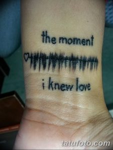 Фото татуировки на запястье с изображением кардиограммы и надписью 'the moment i knew love'. Черно-белый рисунок татуировки выглядит минималистично и эмоционально.