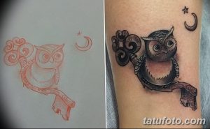 Фото эскиза и готовой татуировки совы с ключом, луной и звездами. Детализированный рисунок на руке.