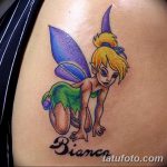 Фото тату с изображением феи Tinkerbell из мультфильма, с подписью "Bianca". Яркий рисунок татуировки в мультяшном стиле.