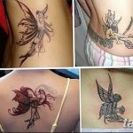 Коллаж из фотографий татуировок фей, выполненных в различных стилях и расположенных на разных частях тела: бок, спина, лопатка.