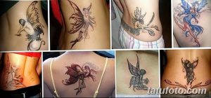 Коллаж из фотографий татуировок фей, выполненных в различных стилях и расположенных на разных частях тела: бок, спина, лопатка.