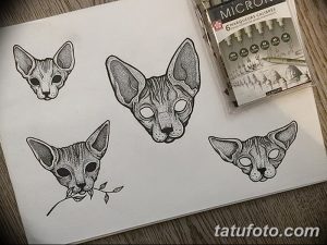 Четыре черно-белых эскиза татуировок с изображением голов сфинксов, выполненных в технике дотворк. Милые и оригинальные идеи для тату.