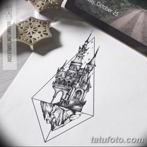 Черно-белый эскиз татуировки с изображением сказочного замка, заключенного в геометрическую рамку. Стиль - графика и минимализм.