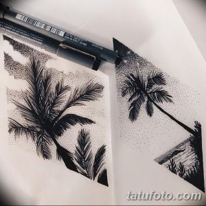 Эскиз татуировки, изображающий пальмы и горы, выполненный в технике pointillism (пуантилизм). Черно-белый рисунок создает ощущение глубины и текстуры.