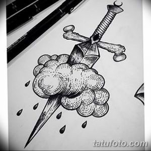 Черно-белый эскиз татуировки: меч, пронзающий облако, из которого падают капли дождя. Символизирует борьбу, печаль и надежду.