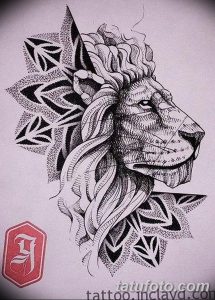 Черно-белый эскиз татуировки льва, выполненный в геометрическом стиле. Голова льва изображена с использованием острых углов и линий.
