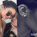 Фото коллажа с тремя разными вариантами пирсинга уха: с золотым кольцом, с золотым украшением с бриллиантами и с серебряным кольцом. Роскошный и элегантный дизайн.