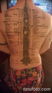 Фото татуировки на спине, изображающей ракету, окруженную сложным техническим чертежом и схемами.