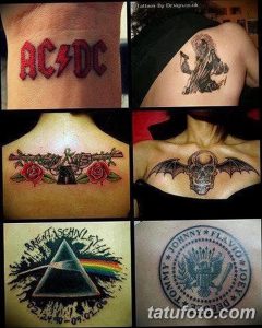 Фото тату: коллаж из шести изображений татуировок, включающих логотип AC/DC, ангела, розы, череп и символы Pink Floyd.