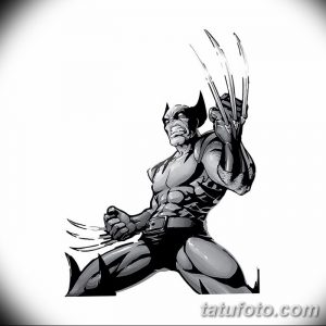 Фото эскиза татуировки Росомахи (Wolverine) в стиле графики, выполненного в черно-белой гамме. Динамичная поза и выпущенные когти.