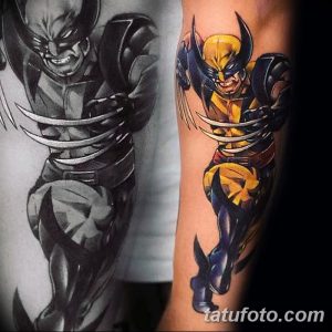 Фото, демонстрирующее сравнение эскиза татуировки Росомахи (Wolverine) и готовой работы на руке. Яркие цвета и детализация.
