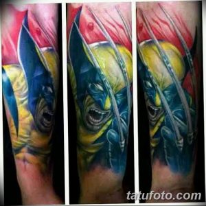 Фото тату Росомахи (Wolverine) на предплечье, выполненное в ярком и красочном стиле комиксов. Три варианта изображения.