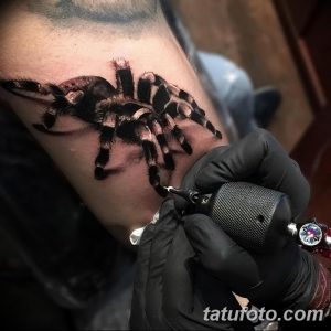 Фото процесса нанесения реалистичной татуировки паука на руку. Мастер тату работает над деталями рисунка, используя тату-машинку.