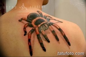 Фото татуировки тарантула на плече, выполненной в ярких цветах с использованием черного, оранжевого и красного цветов. Детализированный рисунок паука.