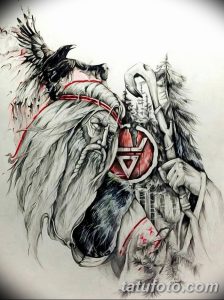 Эскиз татуировки с изображением Одина, верховного бога скандинавской мифологии, с воронами на плечах и окруженного красными брызгами.