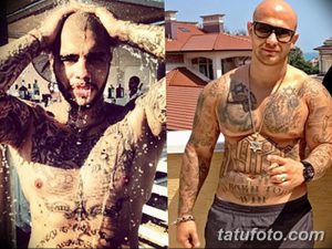 Фото тату Тиммати: коллаж из двух изображений, демонстрирующий татуировки на теле в разных условиях освещения.