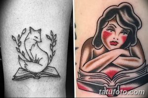 Фото тату: коллаж из двух татуировок. Первая - лиса, сидящая на книге. Вторая - девушка, читающая книгу. Разные стили и сюжеты.